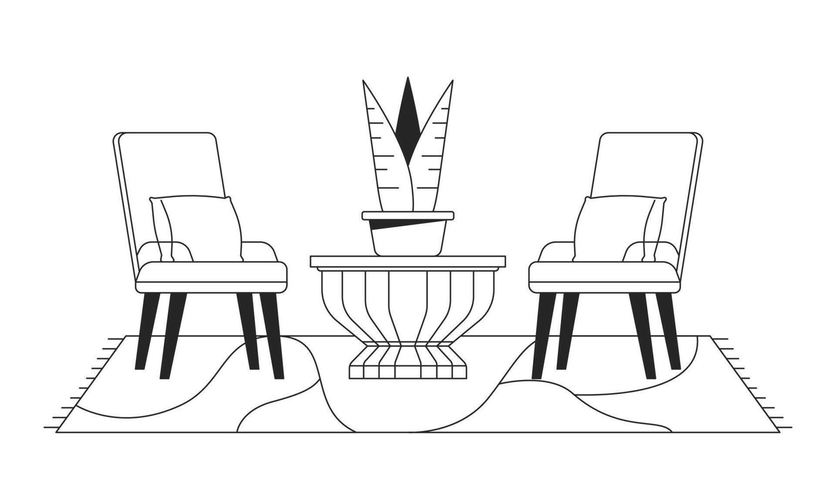 knus patio zitplaatsen meubilair zwart en wit 2d lijn tekenfilm voorwerp. twee stoelen bloempot geïsoleerd vector schets item. tapijt verdieping aan het bedekken onder fauteuils monochromatisch vlak plek illustratie