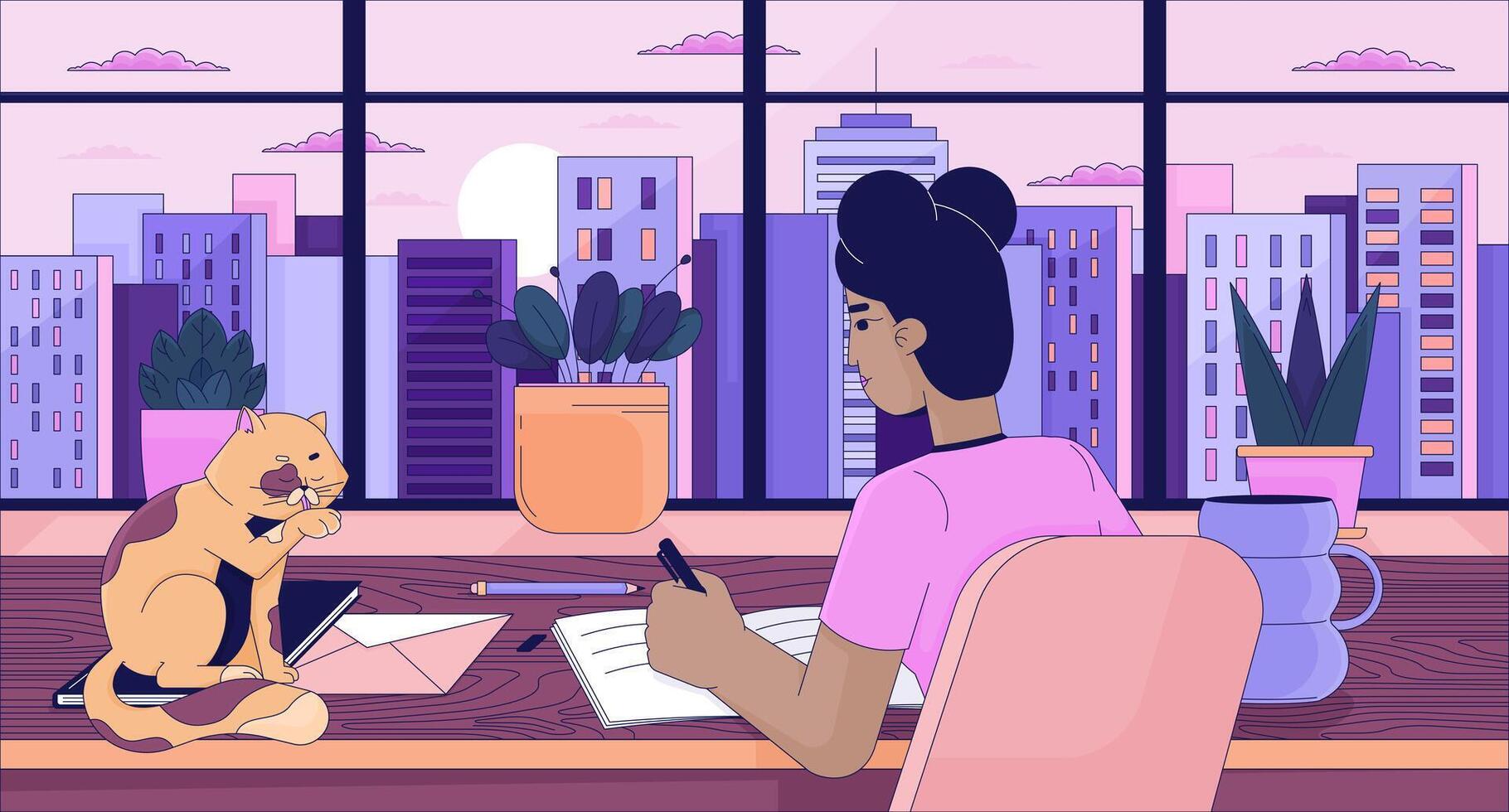 lofi studie meisje met kat lijn tekenfilm vlak illustratie. zwart vrouw aan het doen huiswerk 2d lijn kunst stadsgezicht achtergrond. notitieboekje schrijven bureau. diep gedachten. zie fi gevoel tafereel vector kleur beeld