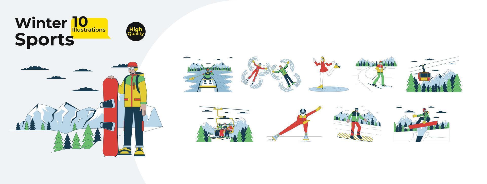 winter sport- activiteiten lijn tekenfilm vlak illustratie bundel. bovenkleding sneeuw verschillend 2d lijn kunst tekens geïsoleerd Aan wit achtergrond. snowboarden ski toevlucht vector kleur beeld verzameling