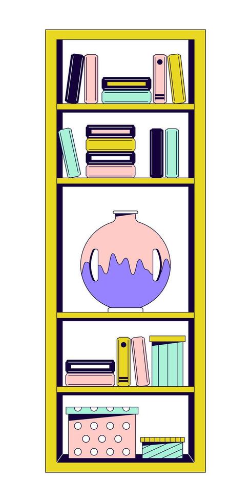 rekken 2d lineair tekenfilm voorwerp. modern meubilair voor appartement decor. schappen met boeken en vaas geïsoleerd lijn vector element wit achtergrond. huis interieur decor kleur vlak plek illustratie