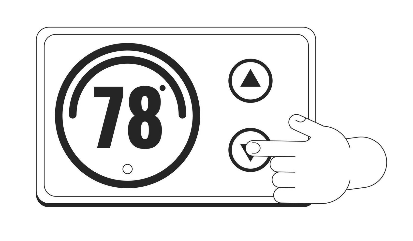 lager temperatuur thermostaat tekenfilm menselijk hand- schets illustratie. huis toestel draaien naar beneden 2d geïsoleerd zwart en wit vector afbeelding. maximaliseren energie spaargeld vlak monochromatisch tekening klem kunst