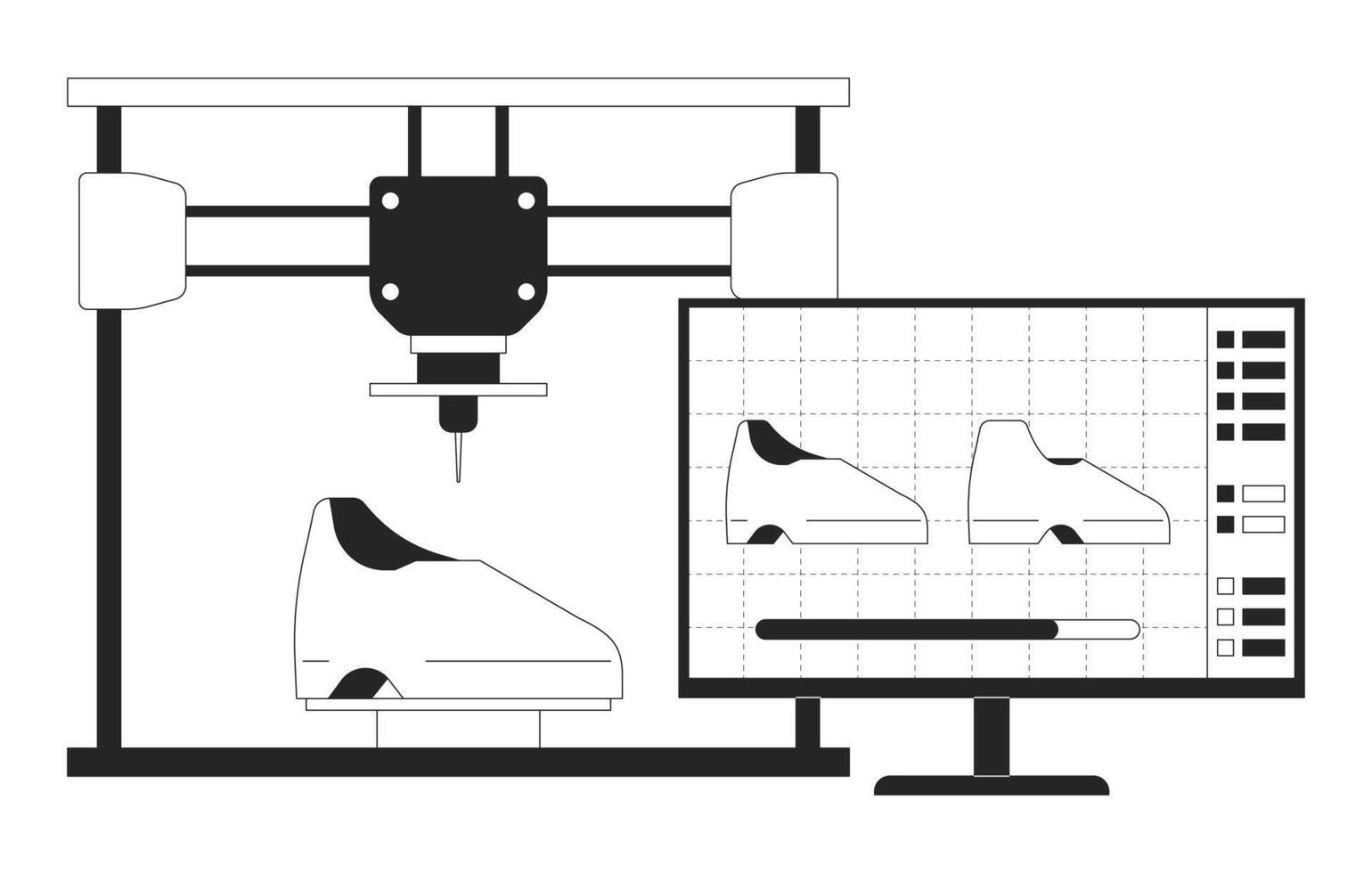 3d het drukken schoenen zwart en wit tekenfilm vlak illustratie vector