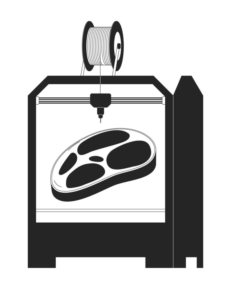 synthetisch vlees Aan 3d printer zwart en wit 2d lijn tekenfilm voorwerp. additief fabricage apparaat geïsoleerd vector schets item. technologie driedimensionaal monochromatisch vlak plek illustratie