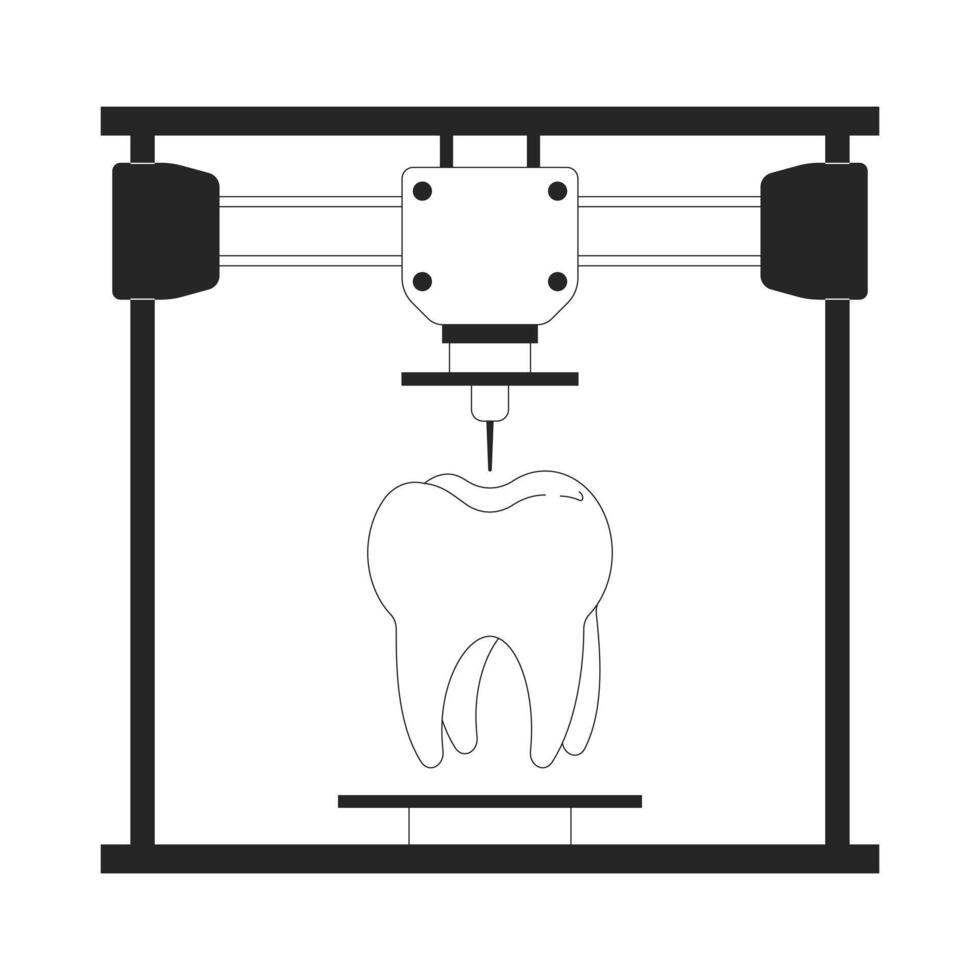 tandheelkundig implantaat kunstgebit Aan 3d printer zwart en wit 2d lijn tekenfilm voorwerp. additief fabricage apparaat geïsoleerd vector schets item. tech driedimensionaal monochromatisch vlak plek illustratie