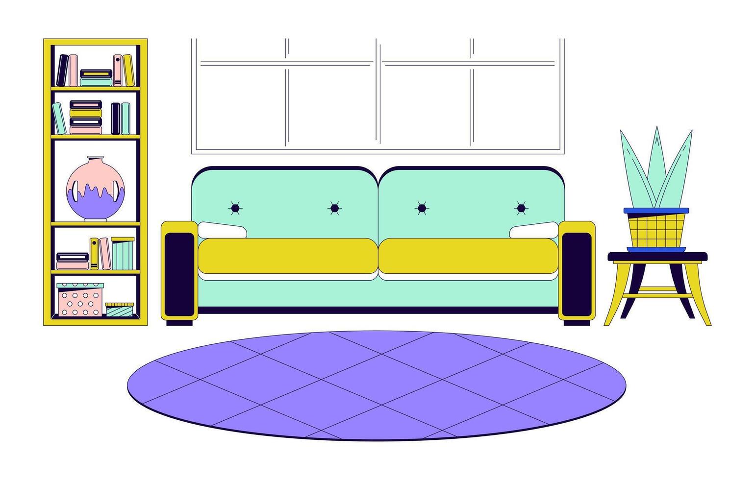 leven kamer interieur 2d lineair tekenfilm voorwerp. meubilair arrangement in huis ontwerp geïsoleerd lijn vector element wit achtergrond. appartement inrichting stijl kleur vlak plek illustratie