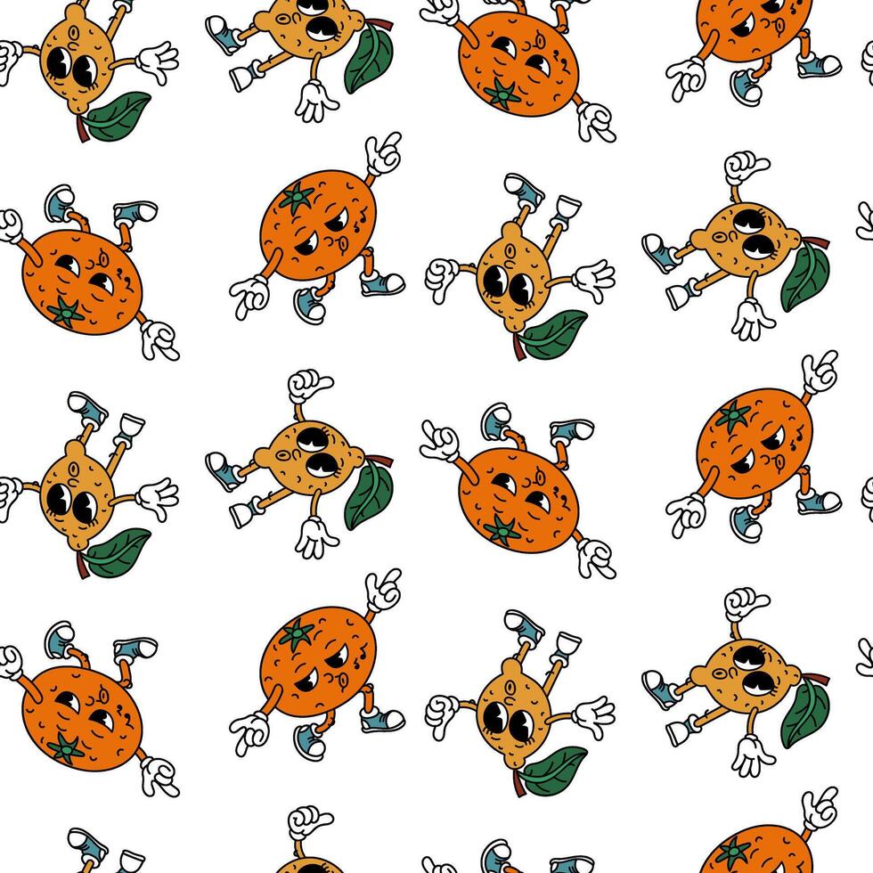 retro groovy fruit patroon oranje, citroen. schattig retro tekenfilm karakters. koel wijnoogst zomer naadloos patroon. modieus oud stijl. de jaren 70. tropisch vruchten. emoties. voor menu, cafe, ornament vector