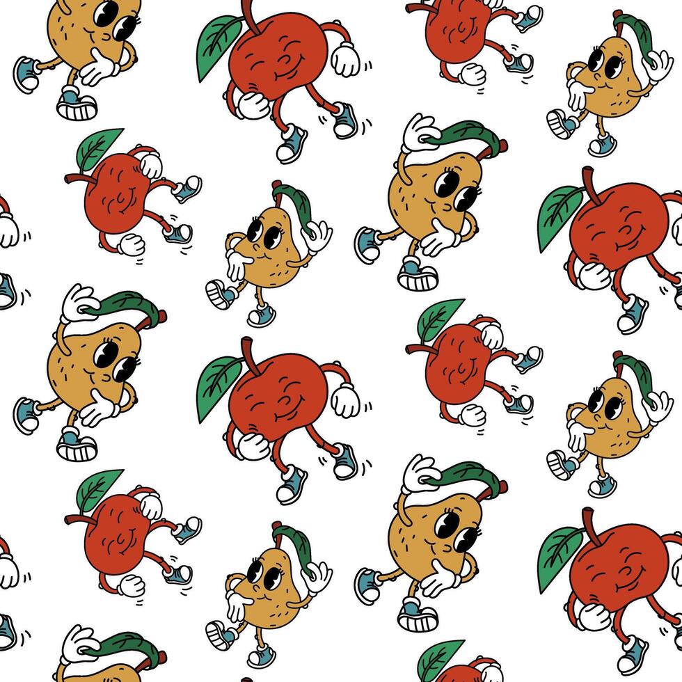 retro groovy fruit patroon Peer, appel. schattig retro tekenfilm karakters. koel wijnoogst zomer naadloos patroon. modieus oud stijl. de jaren 70. tropisch vruchten. emoties. voor menu, cafe, ornament vector