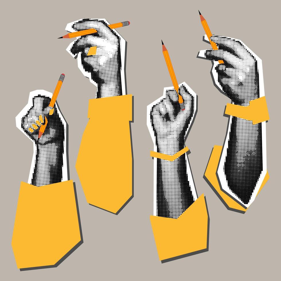 een reeks van handen met een potlood in de stijl van knal kunst grunge collage. vector hand- met potlood en mode artikelen. knal kunst illustratie, collage. geel potlood en details. modieus stippel Aan grijs