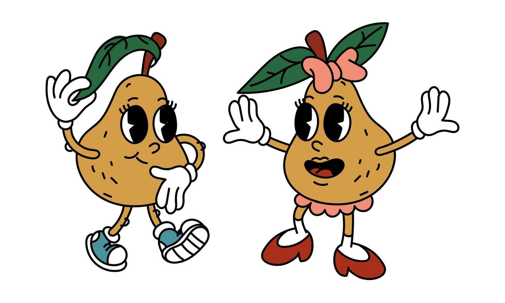 retro paar- van groovy Peer vruchten. emotioneel stickers met grappig grappig boek karakters, gehandschoende handen, een jongen en een meisje. peren met emoties Aan hun gezicht. koel vruchten. grappig y2k, jaren 70, jaren 60, retro vector