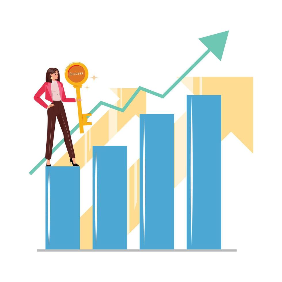 vrouw staand Aan blauw grafiek, Holding een gouden succes sleutel naar financieel en bedrijf groei vector