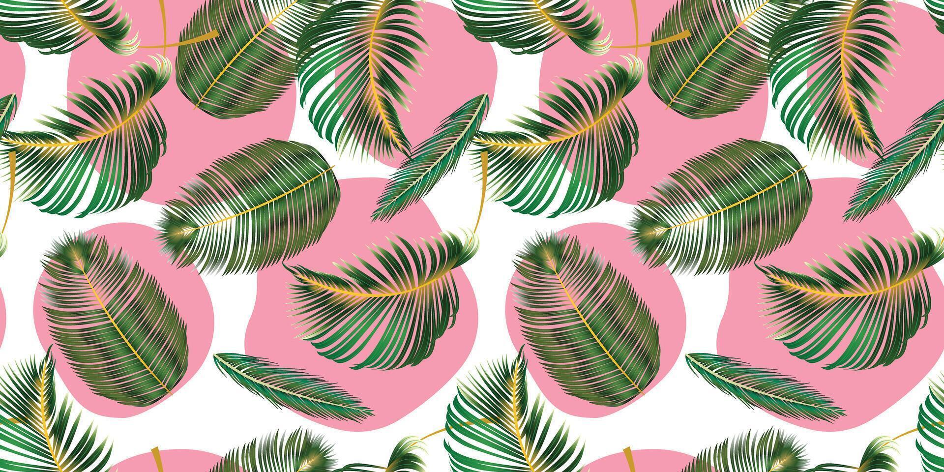 naadloos patroon met keerkring palm bladeren Aan abstract roze vormen. voor textiel, papier, afdrukken, kaarten, kleding vector