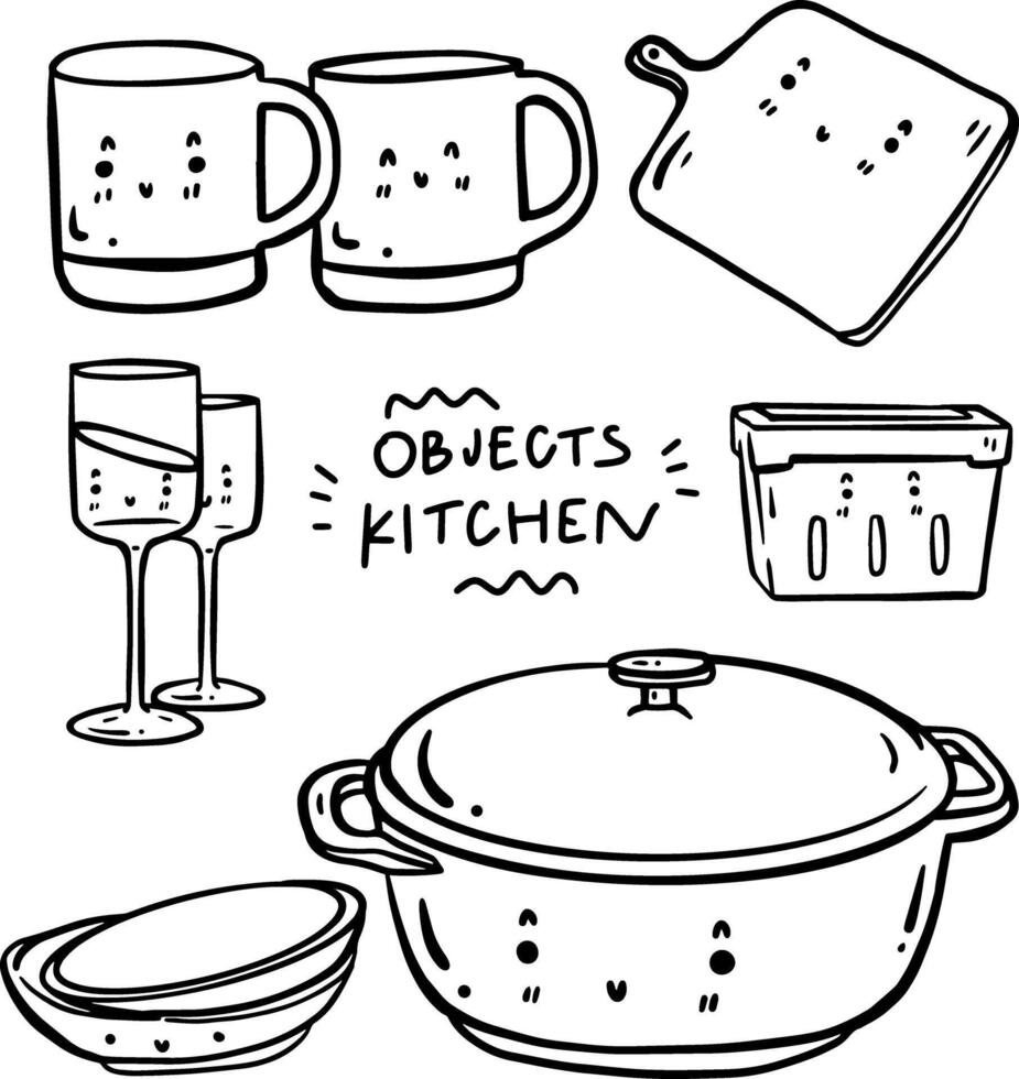 hand- getrokken schattig voorwerpen in keuken en tekst voor Sjablonen. vector