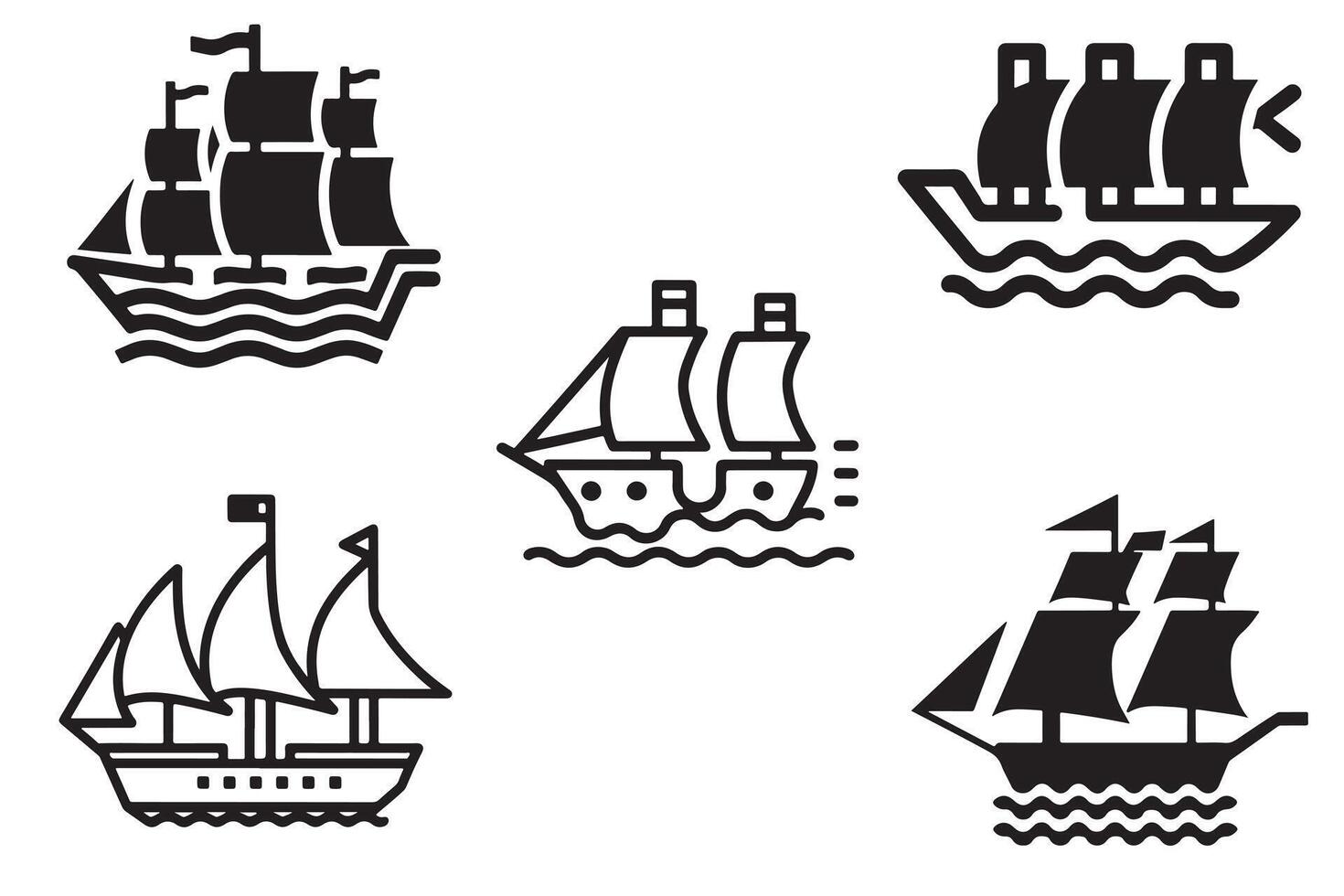 het zeilen schip vector reeks schets silhouet pictogrammen in wit achtergrond