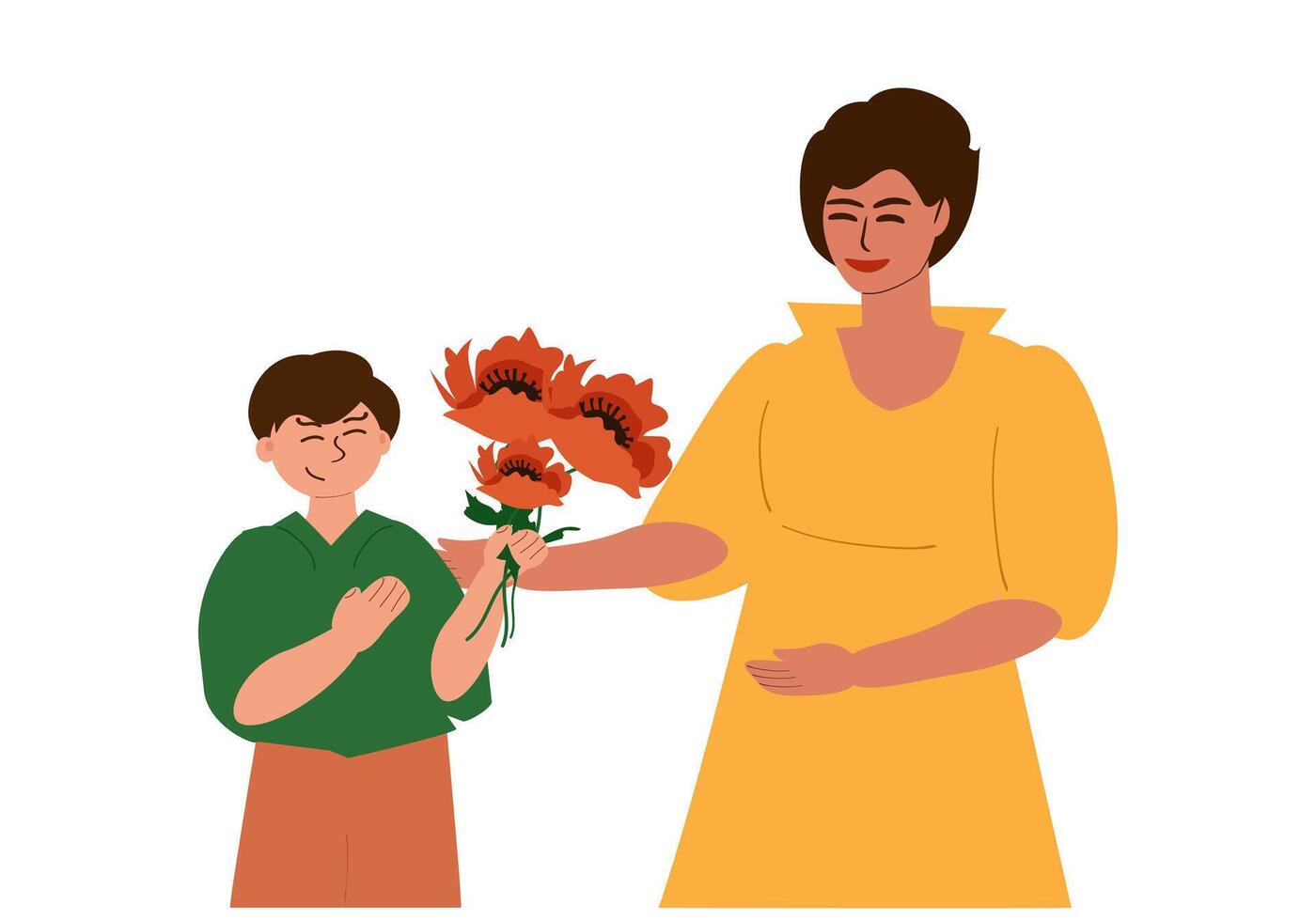 de zoon geeft een boeket van klaprozen naar zijn moeder en feliciteert haar Aan de vakantie. Internationale vrouwen dag, moeder dag, verjaardag. vector tekenfilm illustratie