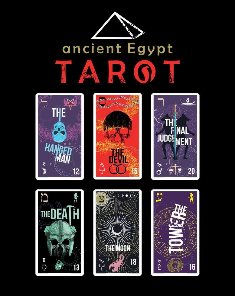 ontwerp voor een zes-kaart Egyptische tarot t-shirt. de hing Mens, de duivel, de laatste oordeel, de dood, de maan en de toren. vector