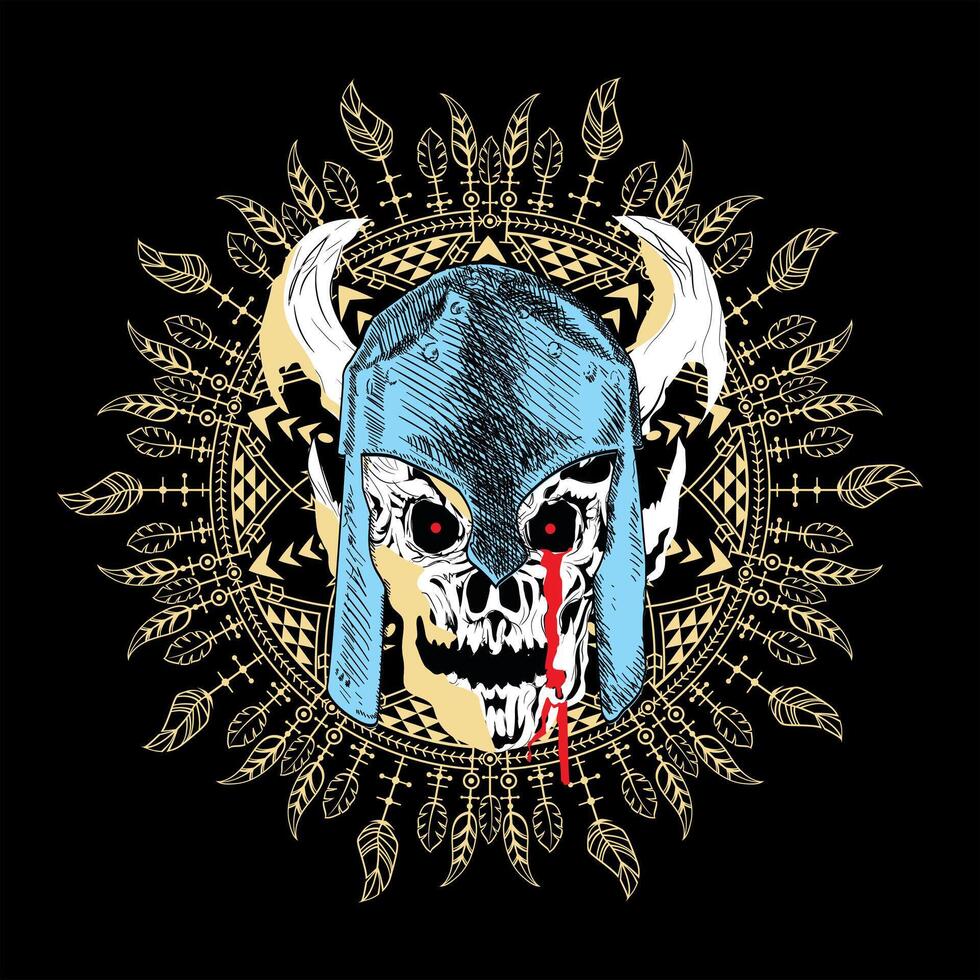 t-shirt ontwerp van een schedel met helm en hoorns Aan een Hindoe mandala Aan een zwart achtergrond. vector