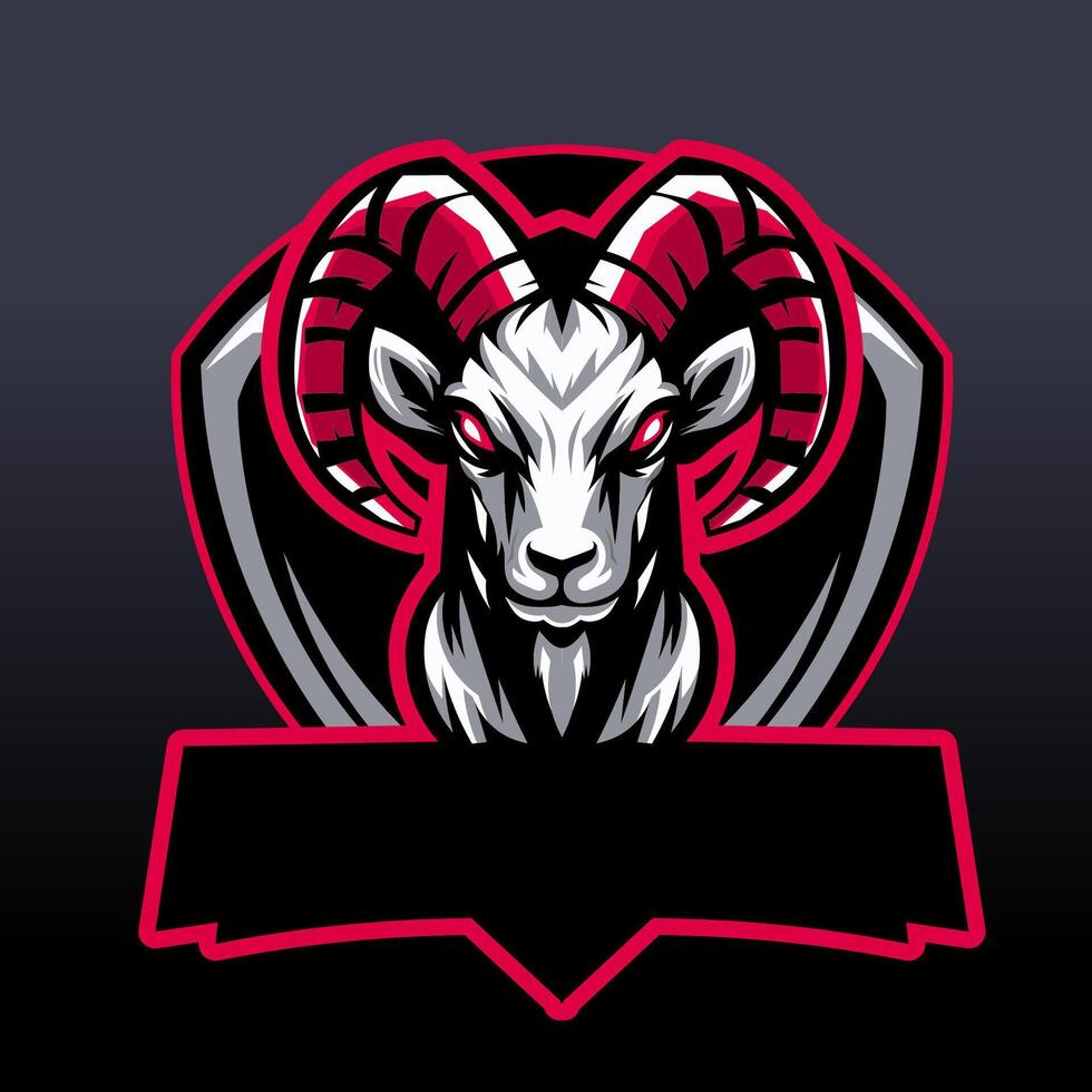 geit mascotte gaming esport logo ontwerp, helder rood kleur combinatie, met een blanco naambord, vector illustratie geschikt voor een gaming ploeg logo