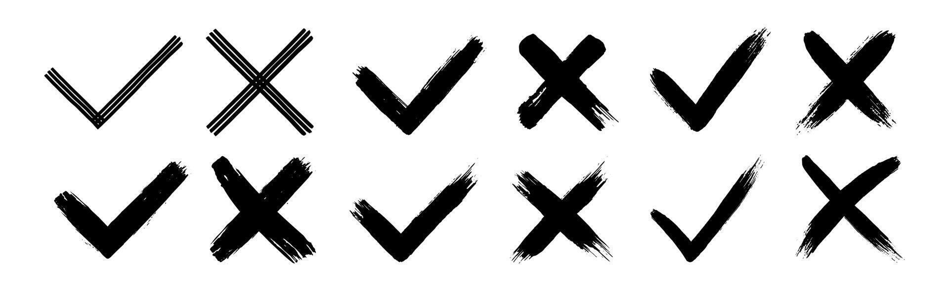 vuil grunge hand- getrokken met borstel beroertes kruis X en Kruis aan OK controleren merken v vector illustratie reeks