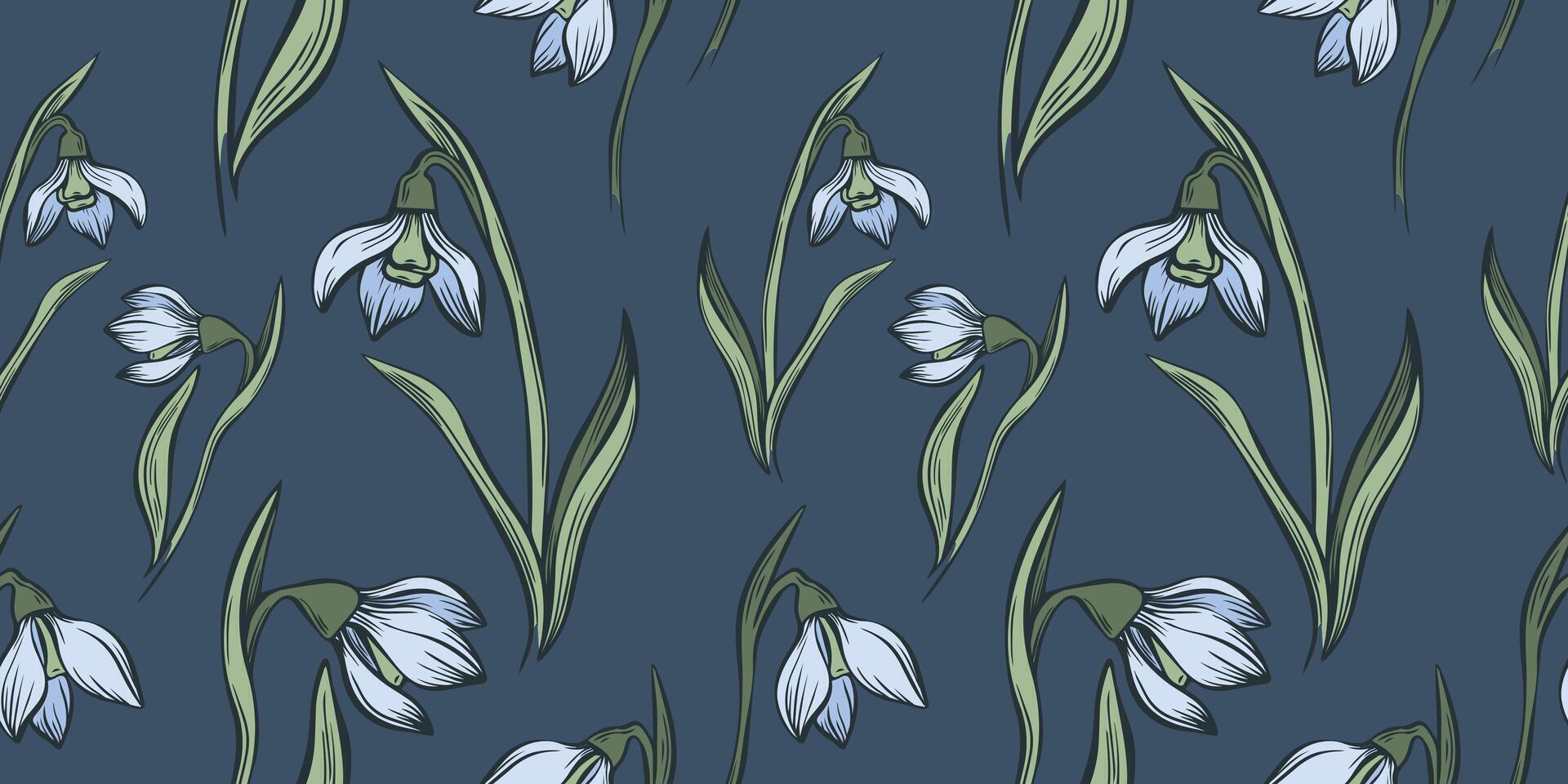 botanisch sneeuwklokje bloem naadloos patroon. hand- getrokken lijn kunst met winter bladeren en bloemen voor bruiloft uitnodiging en kaarten, textiel producten, omhulsel papier, behang en posters sjabloon. vector