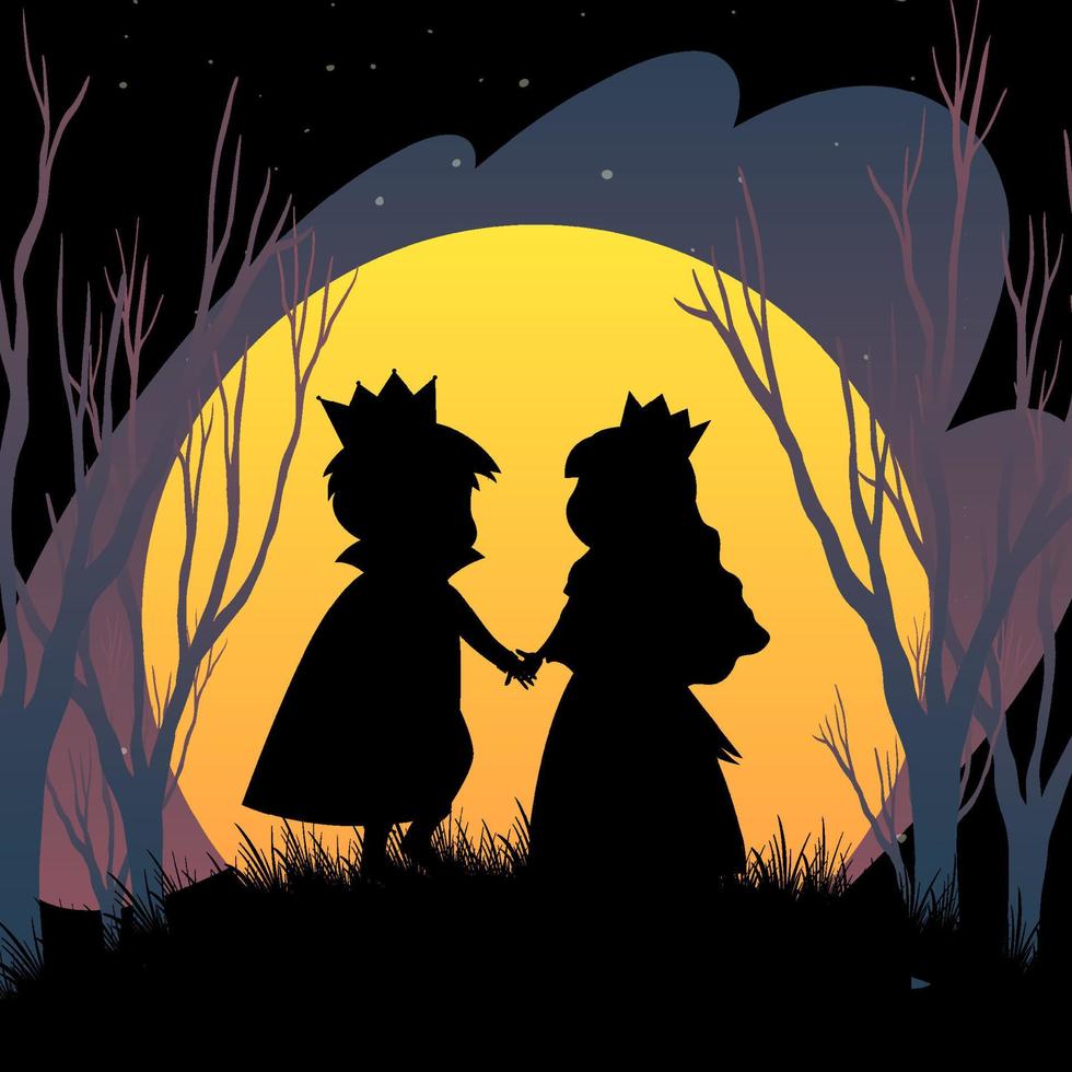 halloween nacht achtergrond met prins en prinses silhouet vector