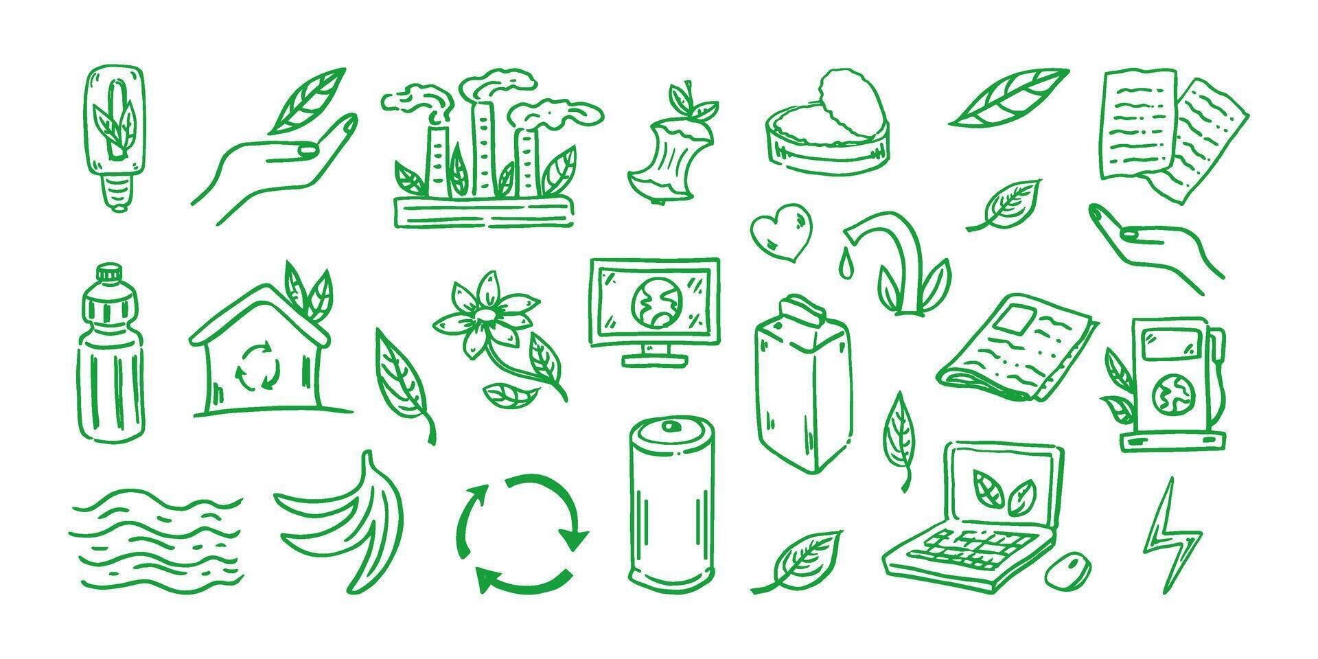 reeks van ecologie. hand getekend tekening vector illustratie. ecologie probleem, recycling en groen energie pictogrammen. milieu symbolen.