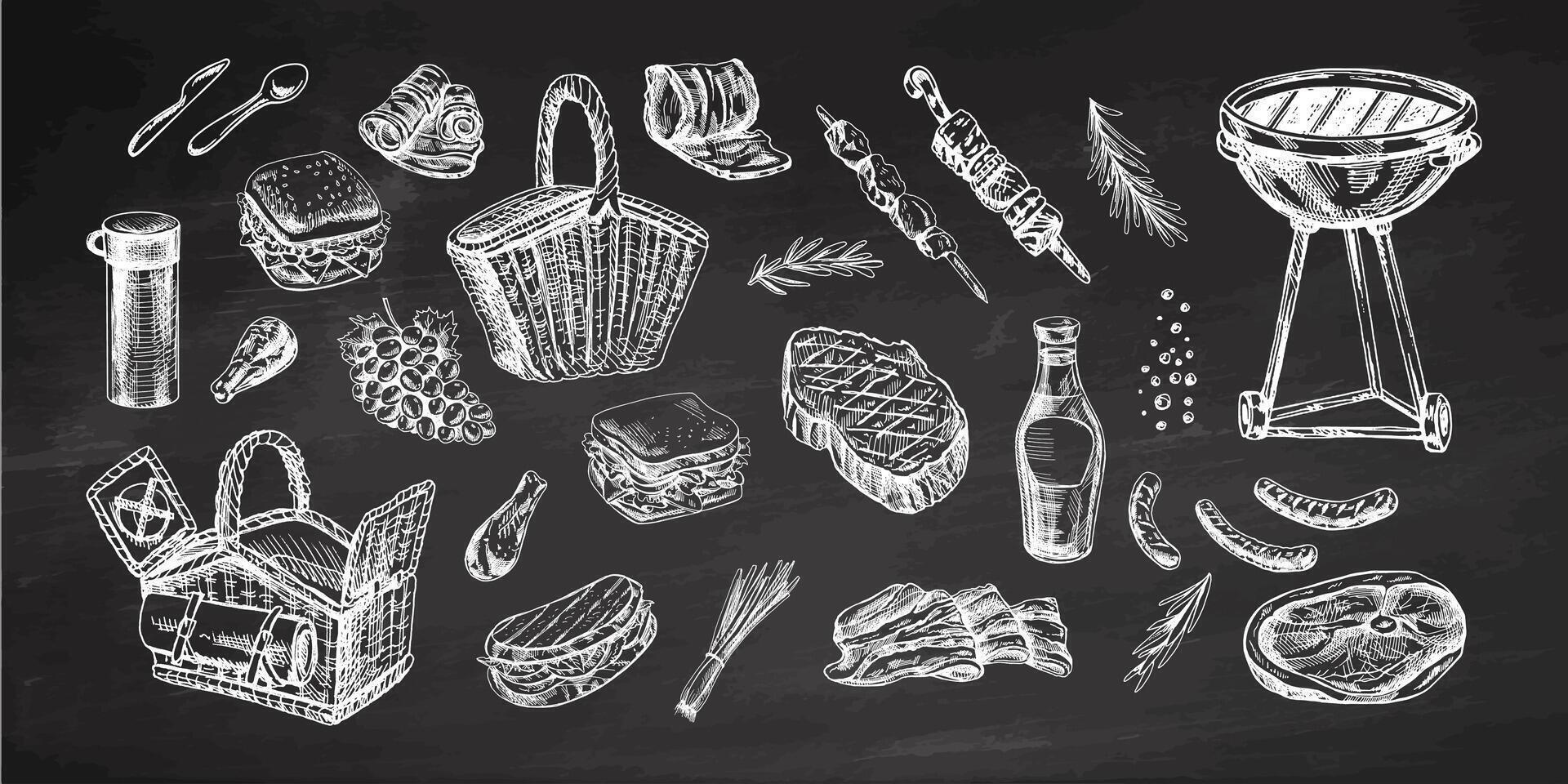 reeks van hand getekend schetsen van barbecue en picknick elementen Aan schoolbord achtergrond. voor ontwerp van menu, gegrild voedsel. tekening wijnoogst illustratie. gegraveerde afbeelding. vector