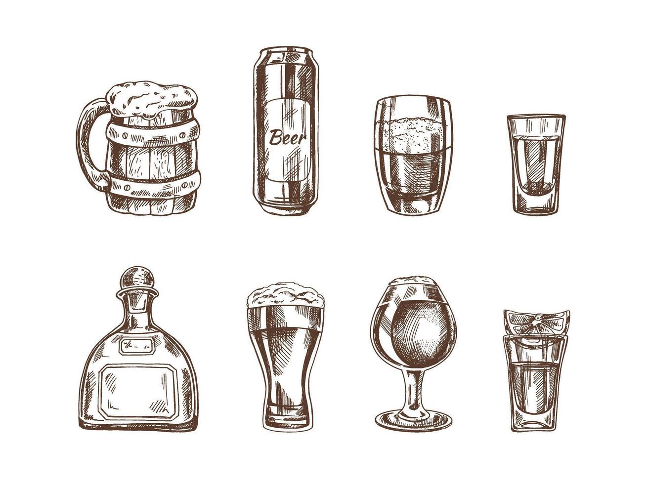 een reeks van hand getekend schetsen van alcohol drankjes. vector illustratie in wijnoogst stijl. dranken. mooi zo voor de menu.