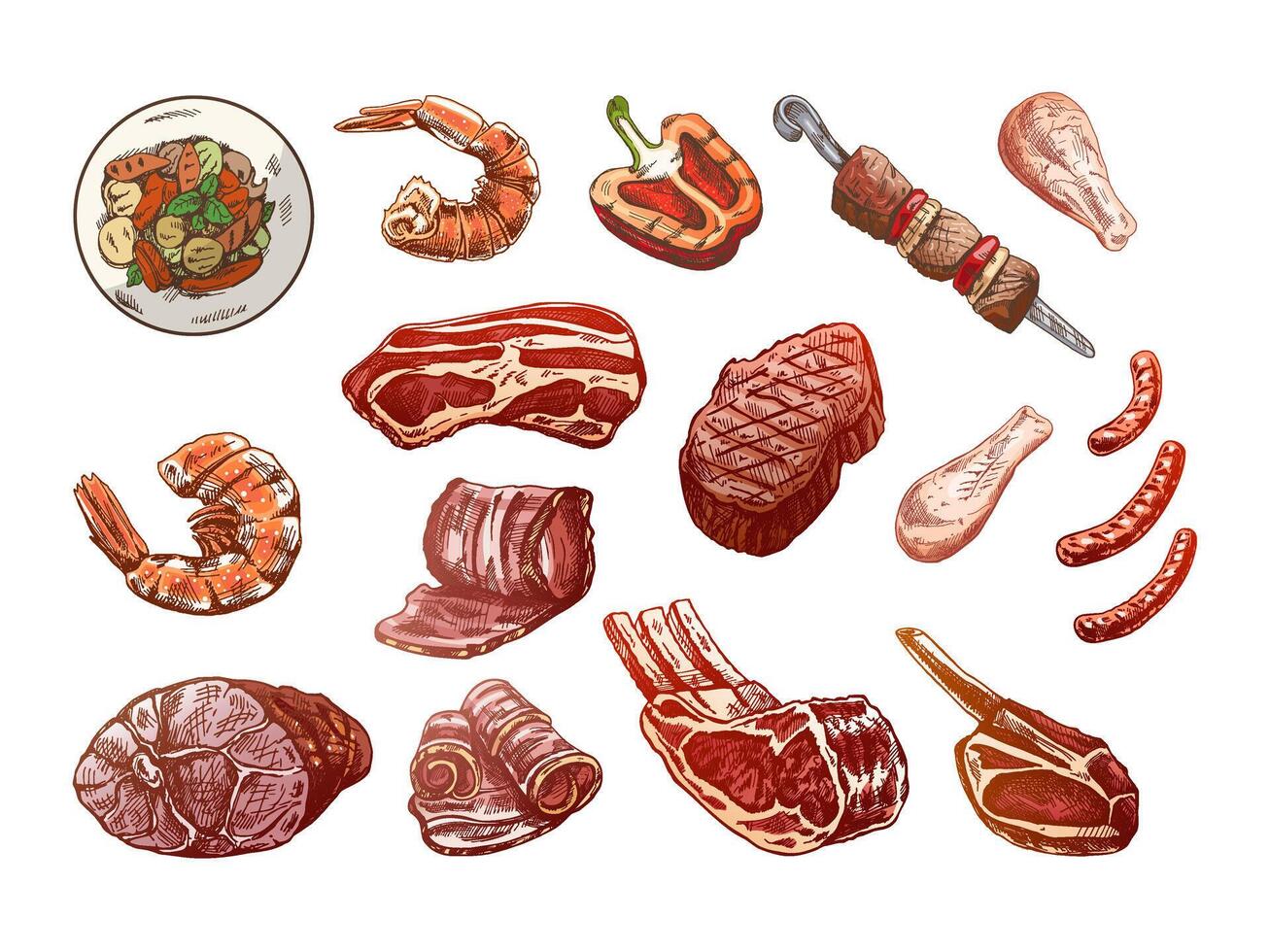 reeks van hand getekend gekleurde schetsen van verschillend types van vlees, steaks, garnaal, kip, gegrild groenten, barbecue. tekening wijnoogst illustratie. gegraveerde afbeelding. vector