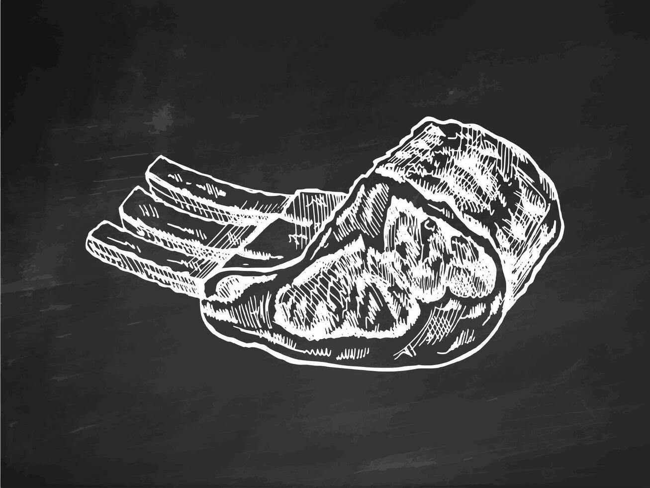 biologisch voedsel. hand getekend vector schetsen van varkensvlees, beef, lam ribben, stuk van vlees. tekening wijnoogst illustratie Aan schoolbord achtergrond. decoraties voor de menu van cafés en etiketten.