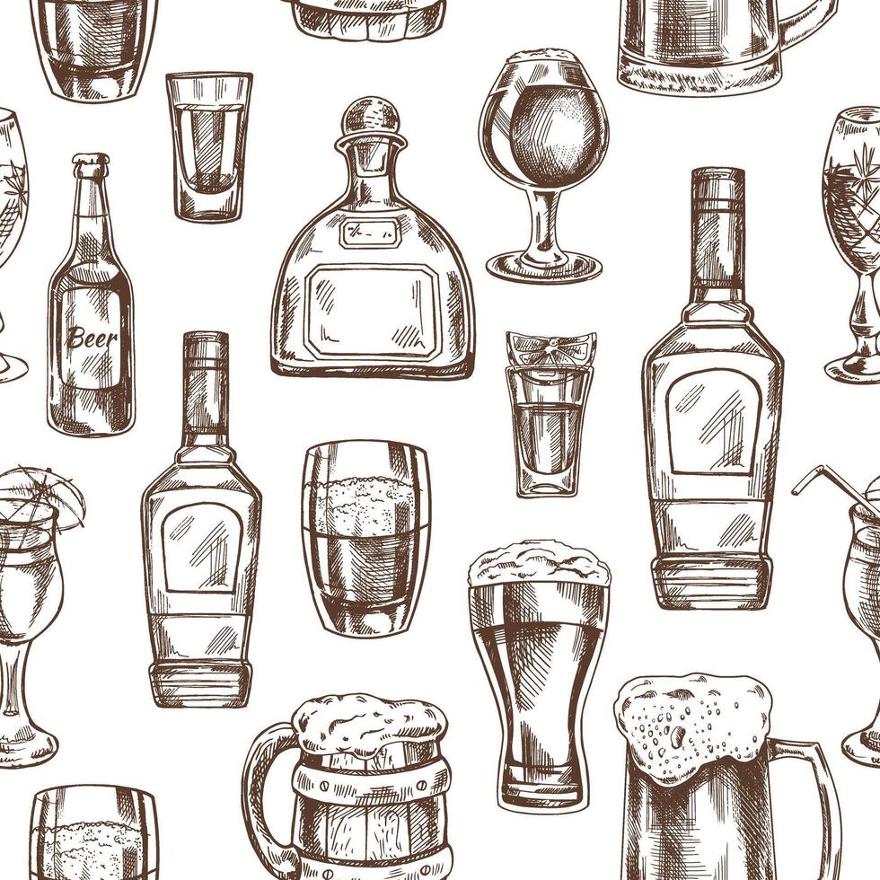 naadloos hand getekend patroon van alcohol drankjes. vector illustratie in wijnoogst stijl. dranken. mooi zo voor de menu.