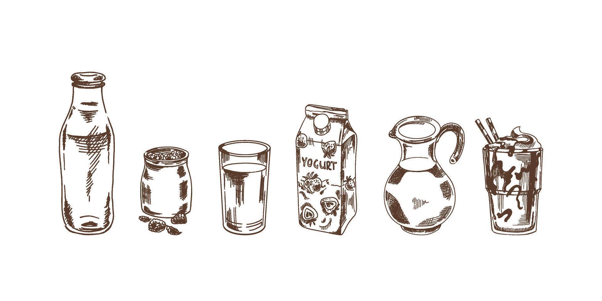 een reeks van hand getekend schetsen van melk drankjes. vector illustratie in wijnoogst stijl. dranken. mooi zo voor de menu.