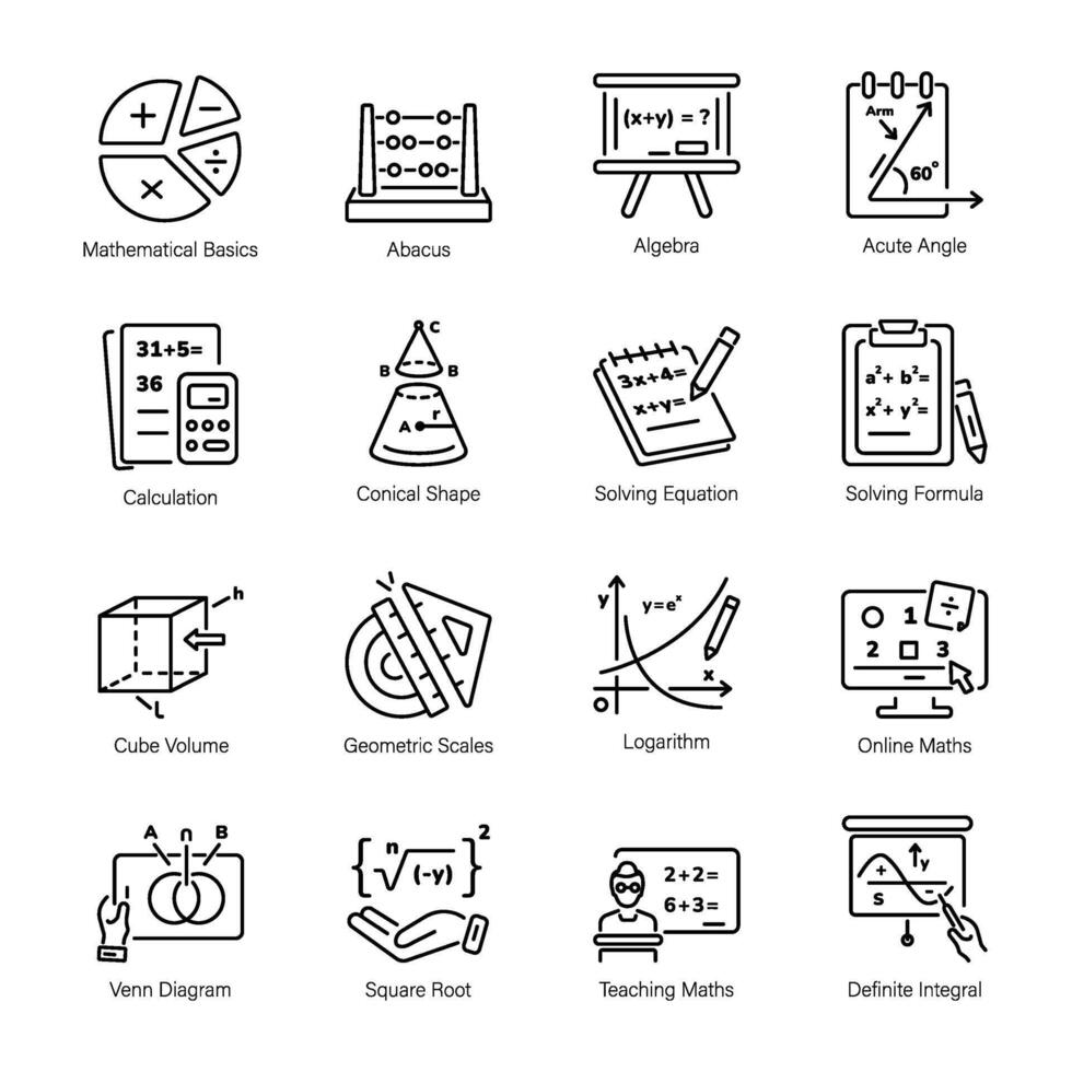 reeks van 16 lineair wiskunde pictogrammen vector