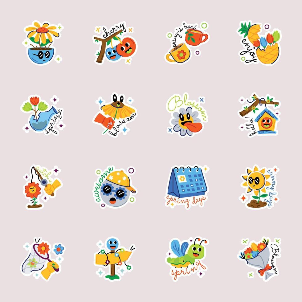 handig reeks van lente vlak stickers vector