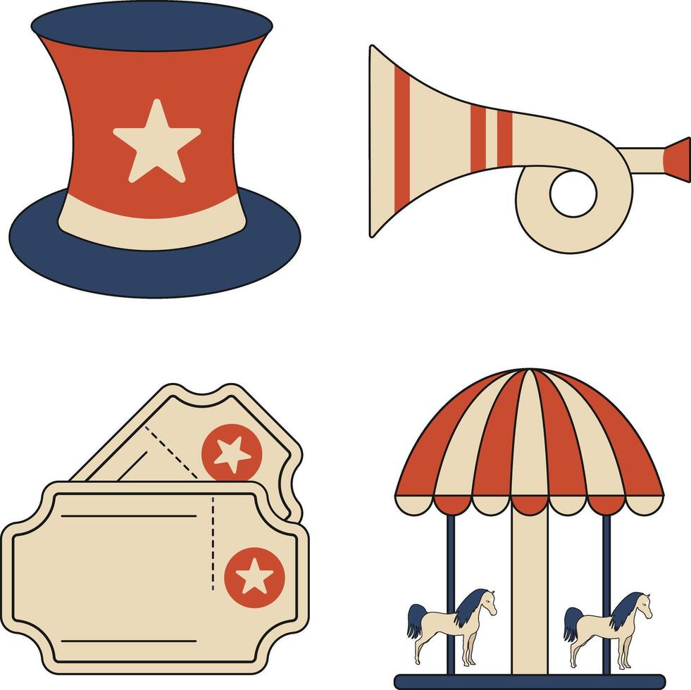 carnaval circus apparatuur. met wijnoogst tekenfilm stijl. geïsoleerd Aan wit achtergrond. vector illustratie