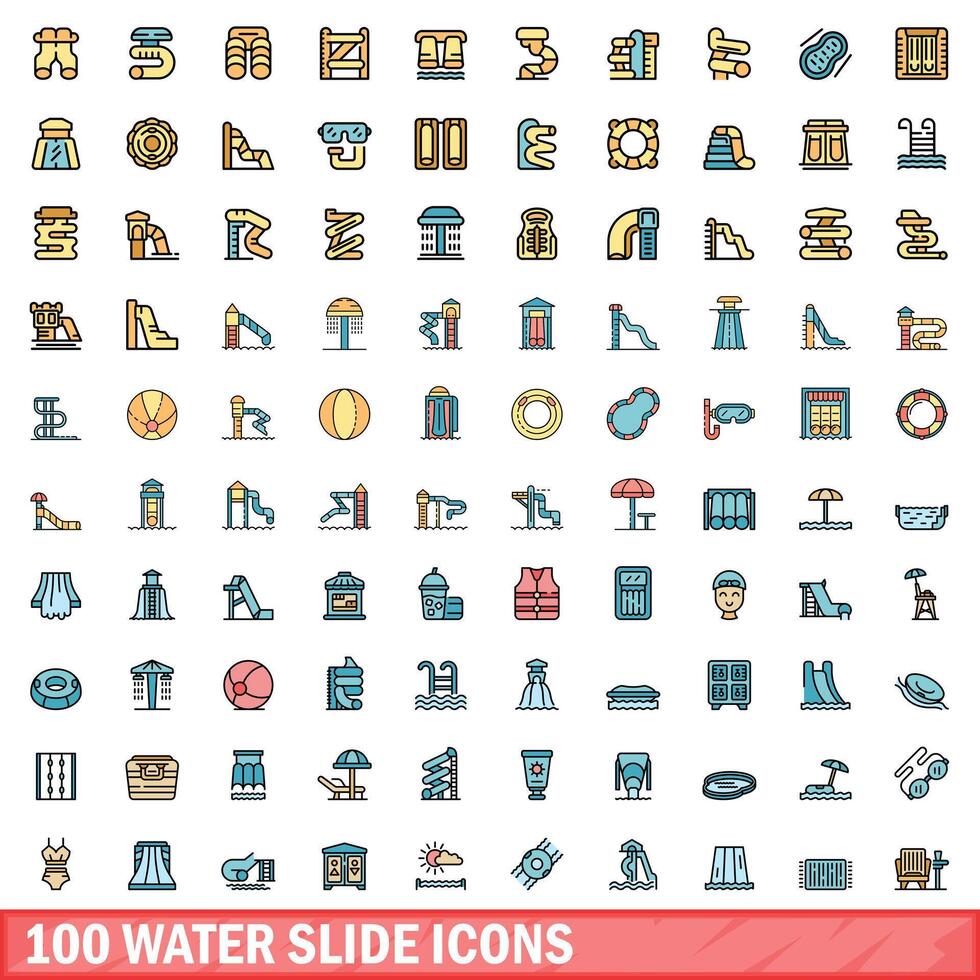100 water glijbaan pictogrammen set, kleur lijn stijl vector