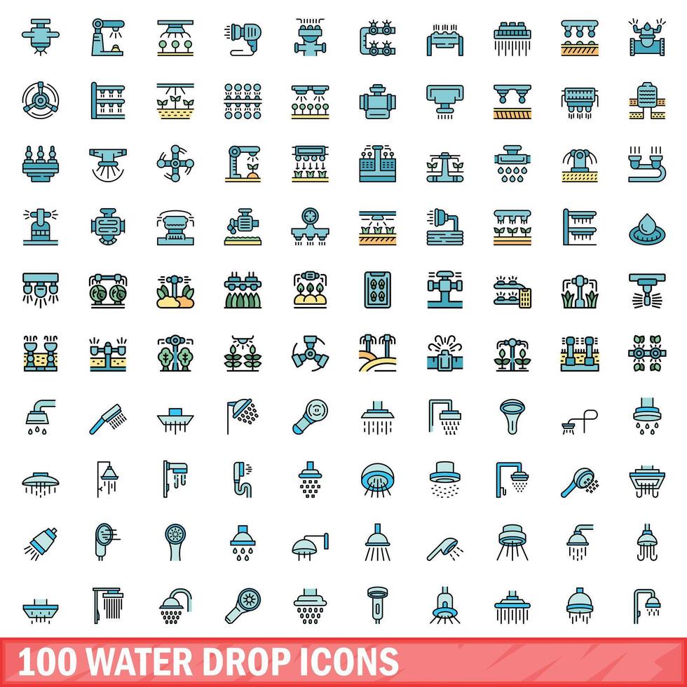 100 water laten vallen pictogrammen set, kleur lijn stijl vector