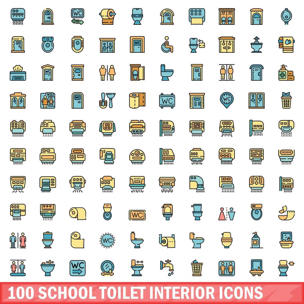 100 school- toilet interieur pictogrammen set, kleur lijn stijl vector