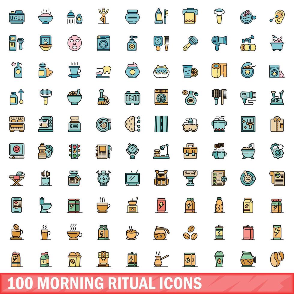 100 ochtend- ritueel pictogrammen set, kleur lijn stijl vector