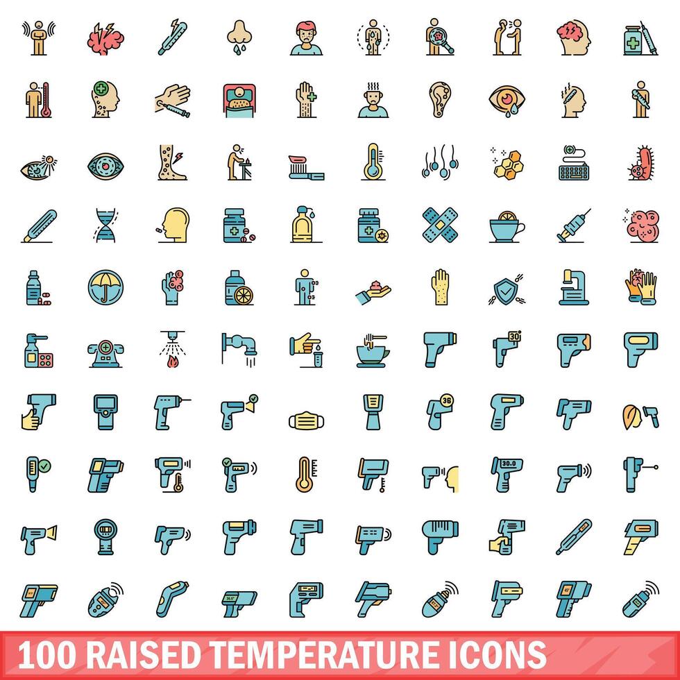 100 verheven temperatuur pictogrammen set, kleur lijn stijl vector