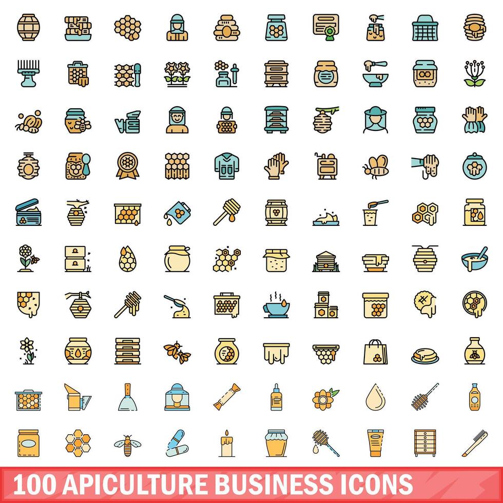 100 bijenteelt bedrijf pictogrammen set, kleur lijn stijl vector
