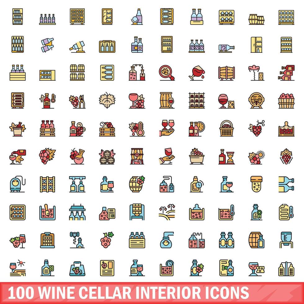 100 wijn kelder interieur pictogrammen set, kleur lijn stijl vector