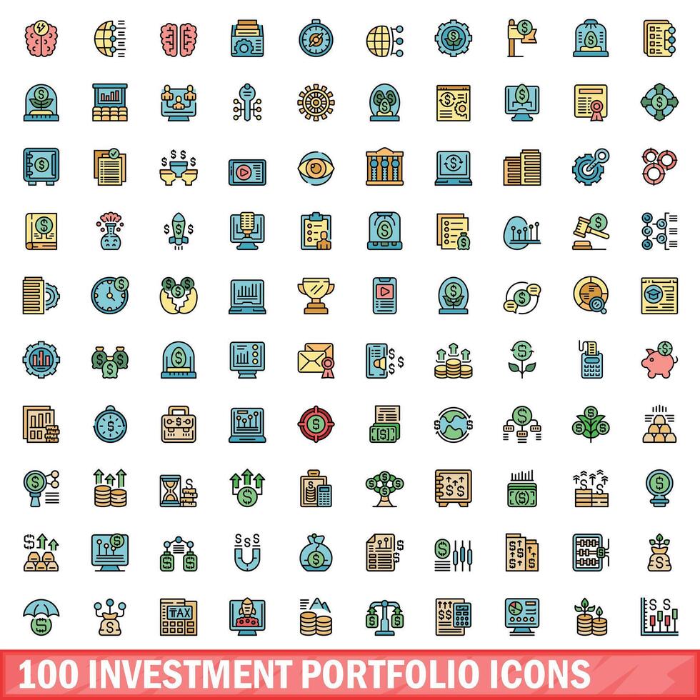 100 investering portefeuille pictogrammen set, kleur lijn stijl vector