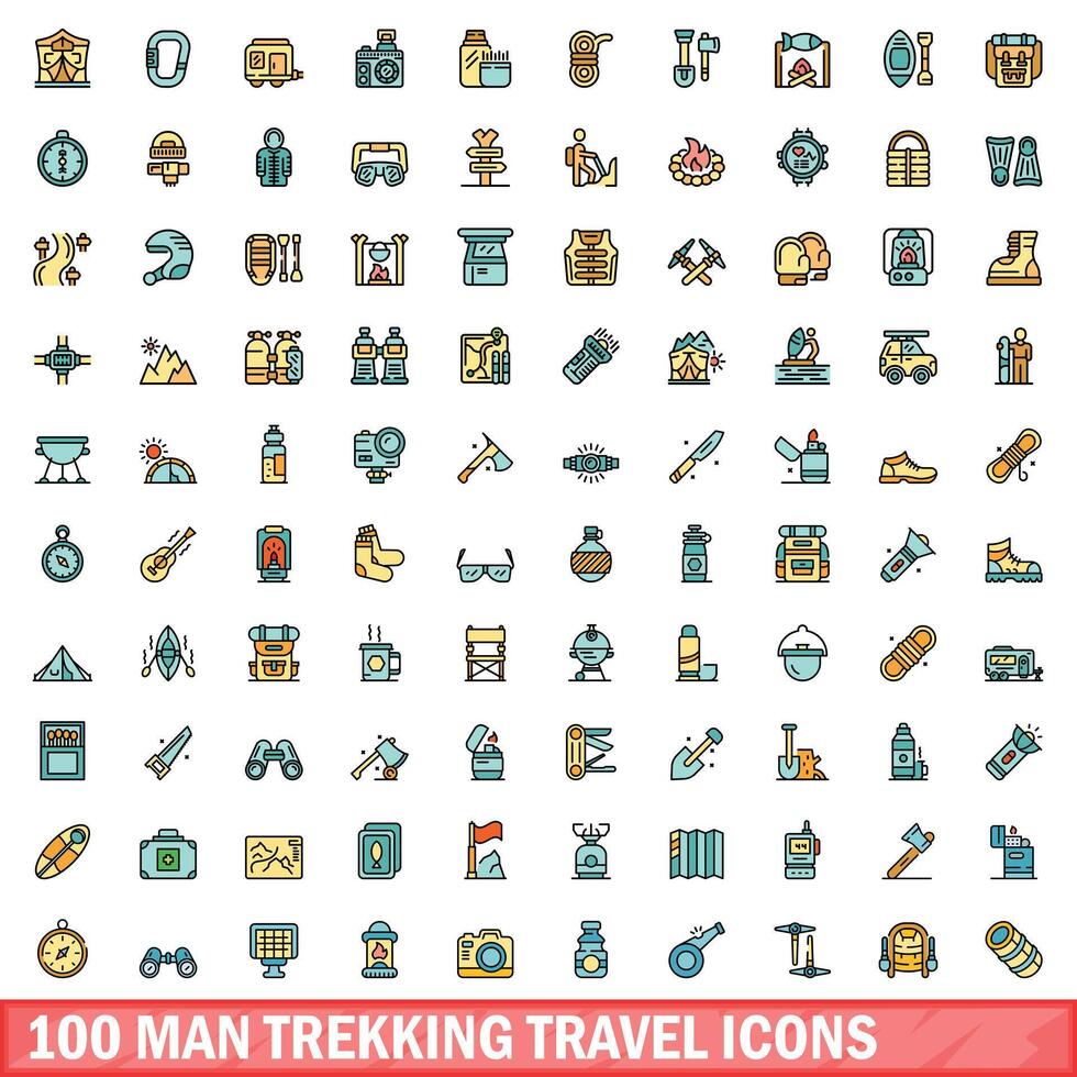 100 Mens trekking reizen pictogrammen set, kleur lijn stijl vector