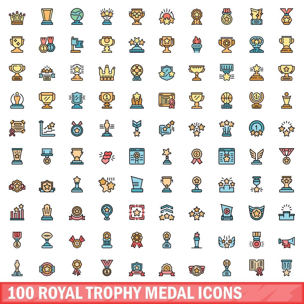 100 Koninklijk trofee medaille pictogrammen set, kleur lijn stijl vector