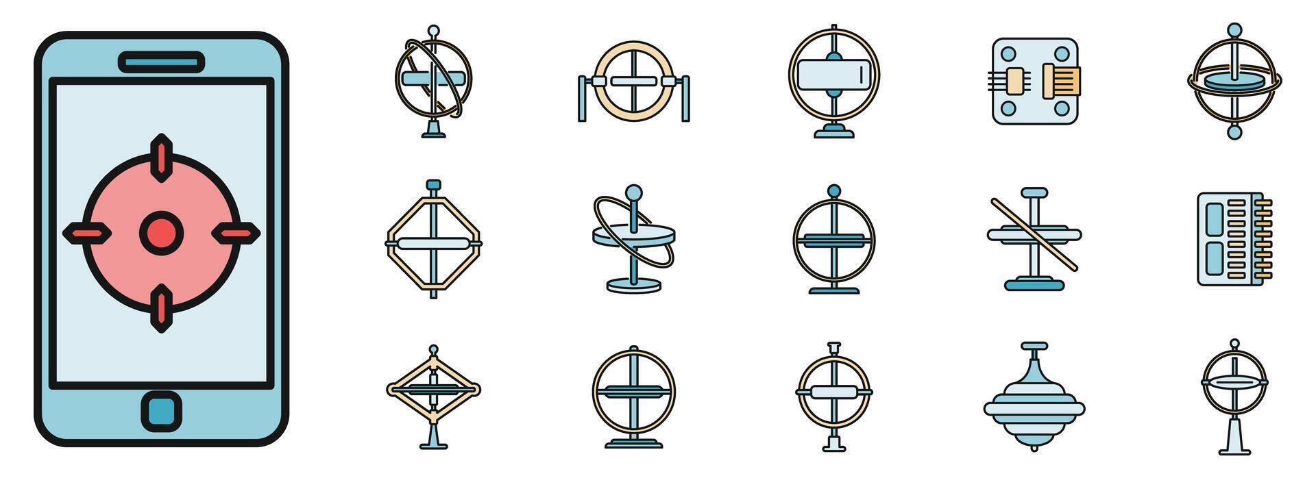 gyroscoop instrument pictogrammen reeks vector kleur lijn