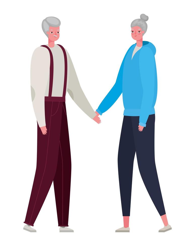 senior vrouw en man tekenfilms hand in hand vector design