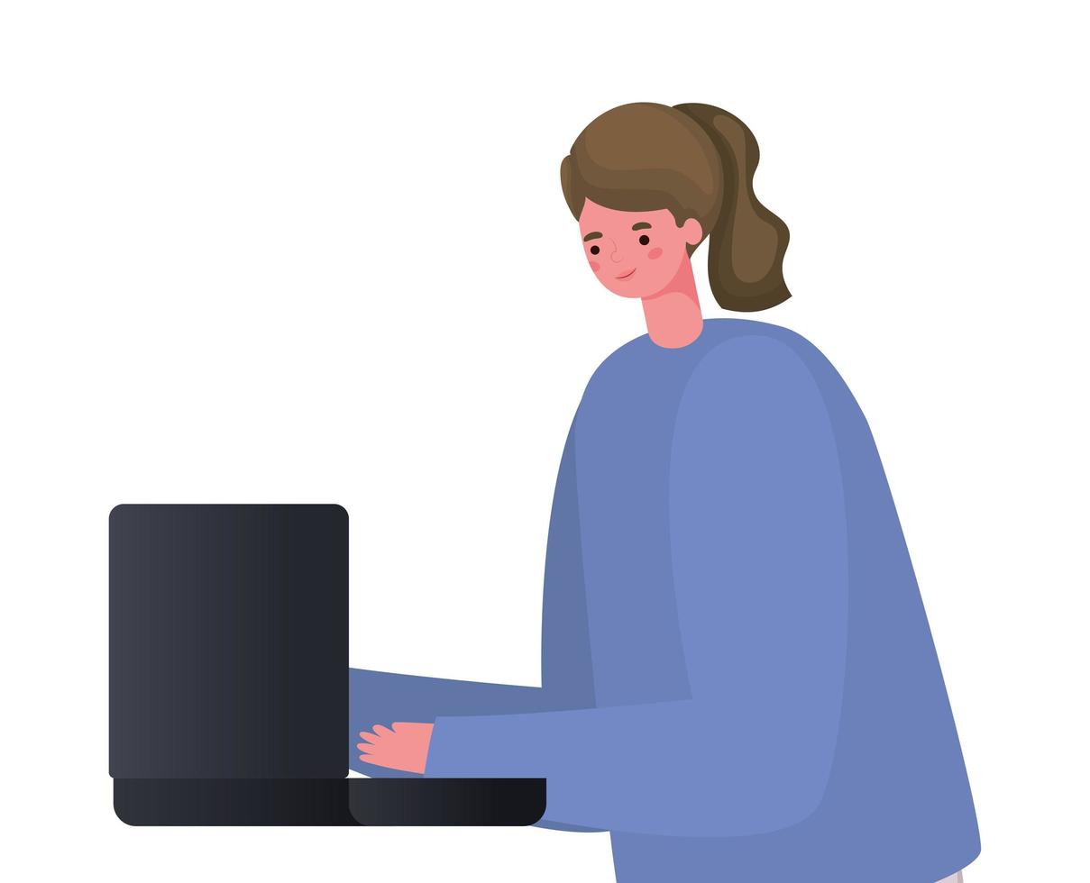 bruin haar vrouw cartoon met laptop werkend vector design