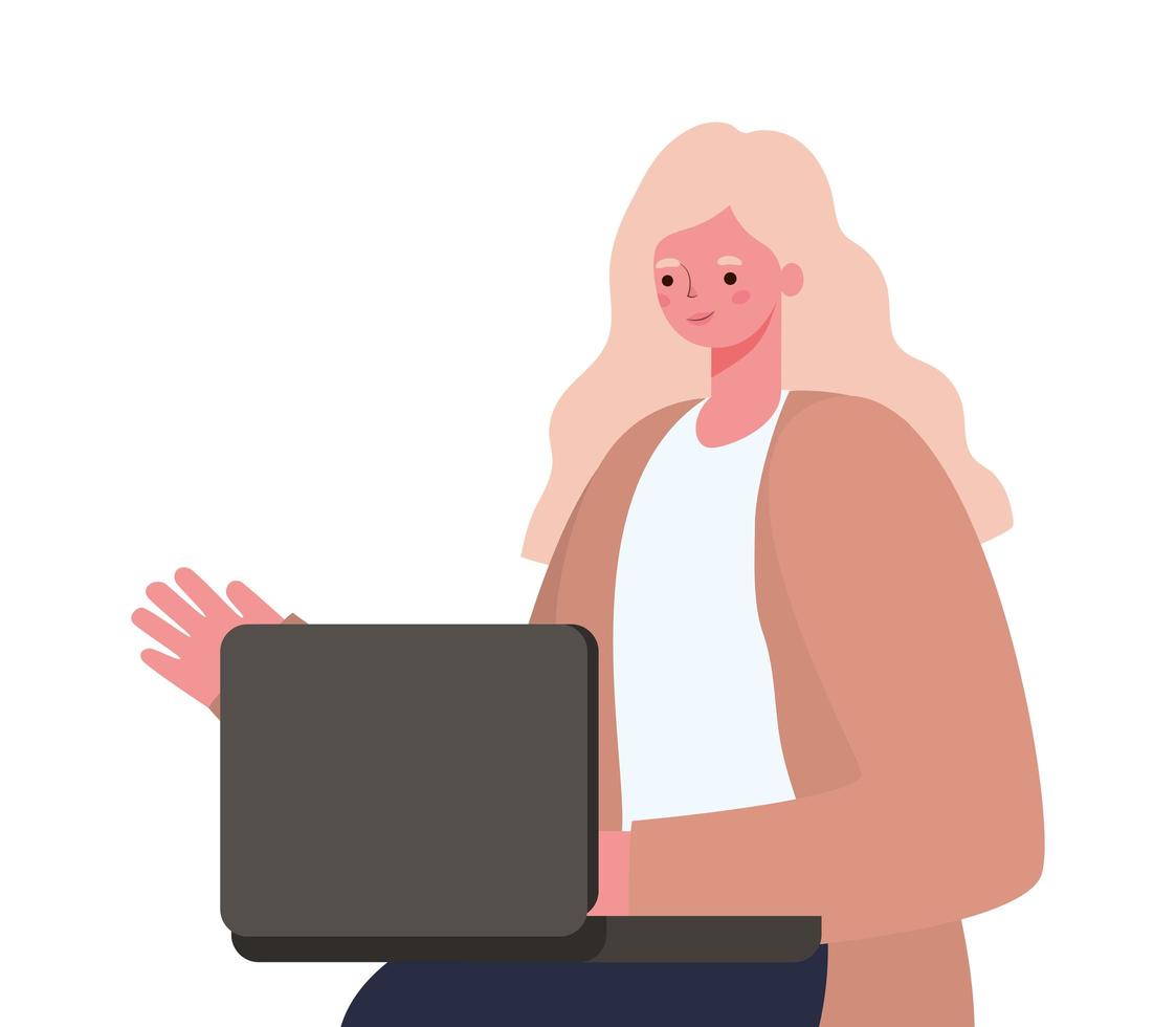 blonde vrouw cartoon met laptop werkend vector design