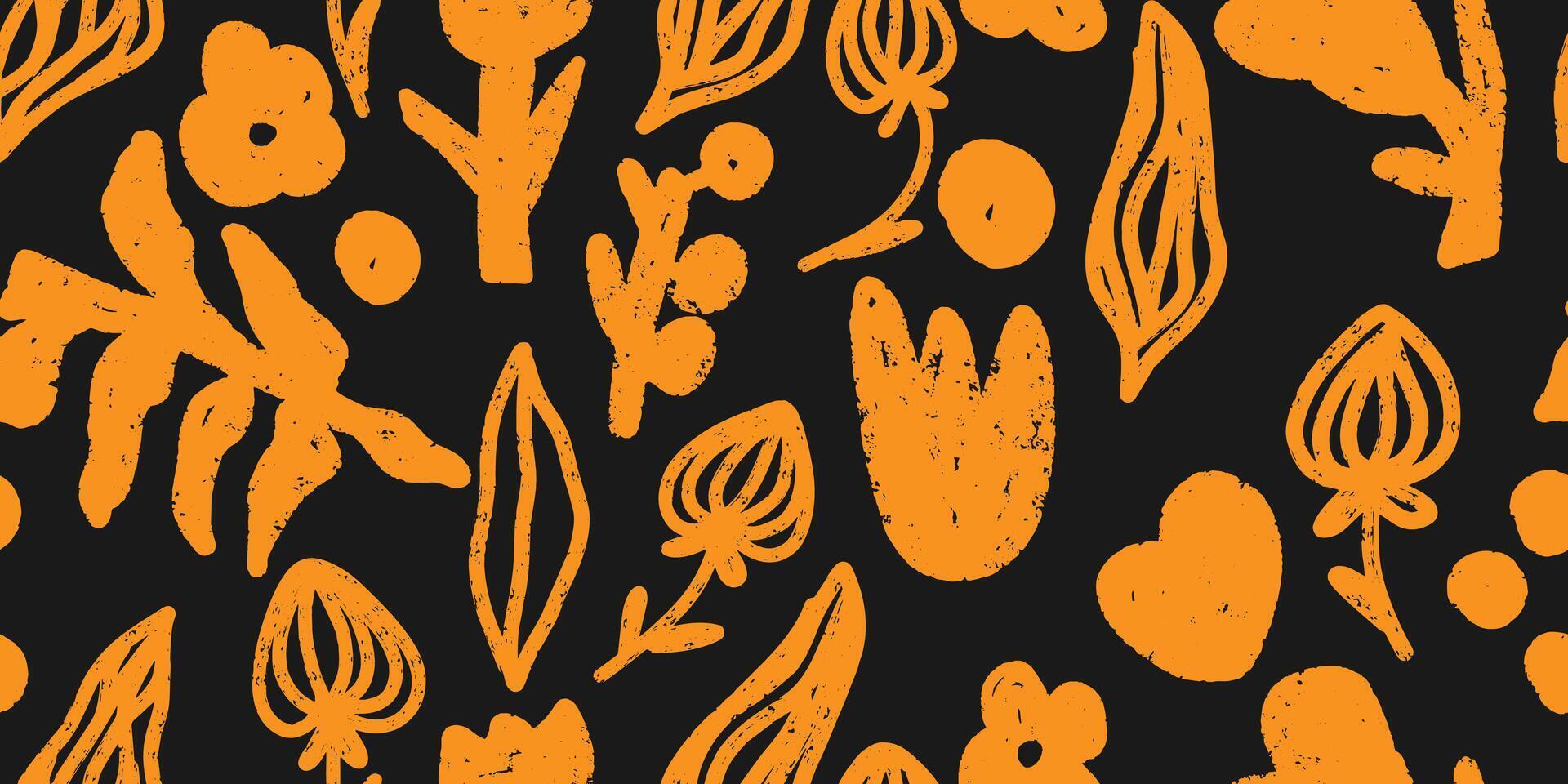 een zwart en oranje patroon met bloemen en bladeren vector
