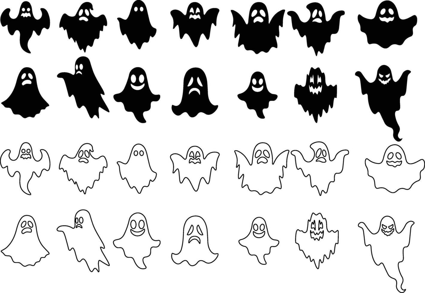 geest icoon reeks vector. halloween concept, tekenfilm geesten, zwart geest met ogen, spookachtig karakter, geesten of geest monsters silhouetten met spookachtig gezichten. verschrikking vakantie vliegend fantomen of nachtmerrie vector